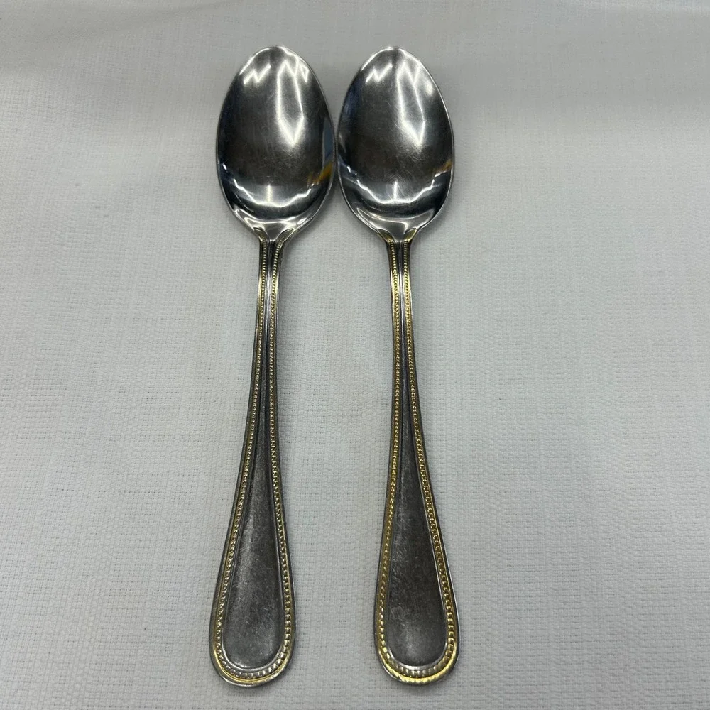 6 pc International Silver Royal Bead Gold Soup Tea Spoons Stainless Gold Trim
